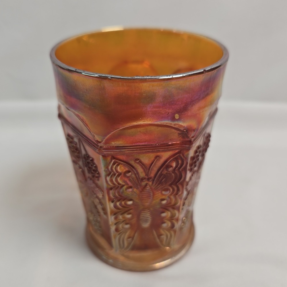 Vtg Fenton Marigold Orange Iridescent Butterfly & Berry Carnival Drinking Glass